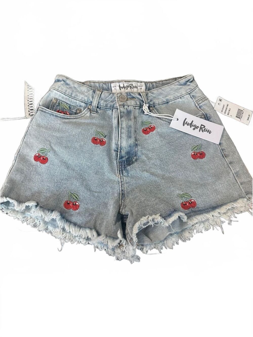 Indigo Rein Denim Shorts Cherry Embroidered Relaxed Fit Size 3 Medium Blue - Picture 1 of 4